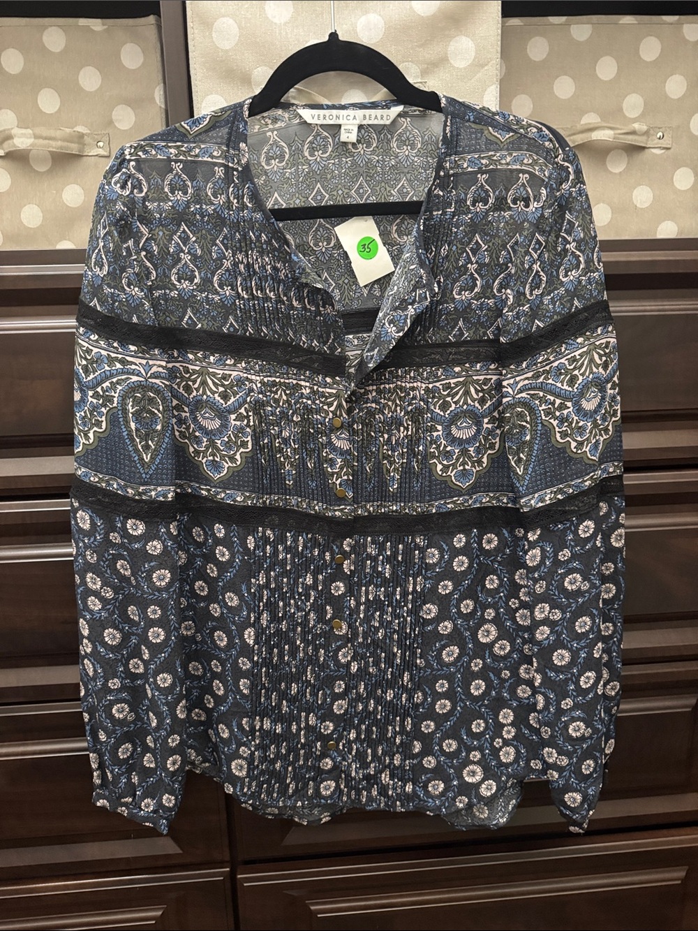 Veronica Beard Navy Blue Paisley & Floral Print Blouse